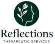This is a clean, professional logo for a brand called Reflections Therapeutic Services. The design uses a combination of organic imagery and classic typography to convey a sense of growth, peace, and mental well-being.
